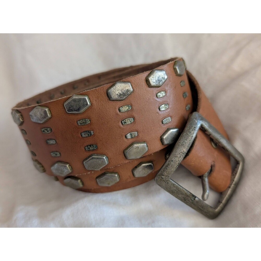 Handcrafted Calleen Cordero Studded Leather Belt Tan Brown Size 34”